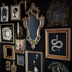 there are many framed pictures on the wall with gold trimmings and ornate frames