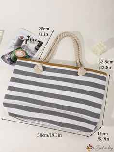 BirdinBag - Striped Beach Bag: Durable & Stylish for Graduates, Teens, and Students - Ideal for Travel & School Striped Summer Bags For Daily Use, Striped Rectangular Vacation Bag, Summer Striped Rectangular Bags, Striped Tote Bag For Vacation, White Canvas Vacation Bags, Striped Travel Bags For Beach Season, Striped Travel Bag, Beach Canvas Shoulder Bag With Handles, Beach Shoulder Bag In Canvas With Handles