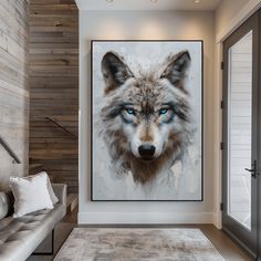 a painting of a wolf with blue eyes in a living room