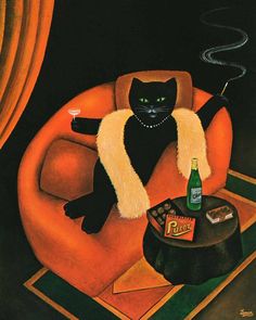 Cat in Sofa Art Print by Martin Leman. Original 1980 – NeonTalk Katt Grejer, Image Chat, Cat Painting, British Artist, Art Studies, 로고 디자인, Funky Art, College Art, Cat Art