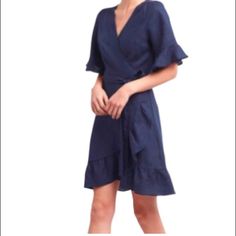 Cute Linnen Wrap Dress Size Xs New With Tag Fashion Wedding Guest, Wrap Dress Pattern, Wardrobe Building, Ruffle Wrap Dress, Purple Mini Dresses, Navy Linen, Linen Casual, Floral Denim, Denim Shirt Dress