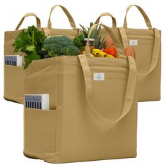 two bags filled with different types of fruits and vegetables