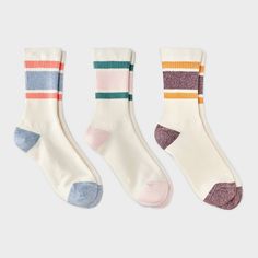 Give your feet easy comfort with the Women's Retro Striped Ribbed 3pk Crew Socks - Universal Thread™ 4-10. Perfect for lounging or staying warm on chilly days, these socks are soft and provide a snug fit. With 3 pairs in each pack, you’ll have the perfect blend of warmth and comfort. Experience cozy feet every day with these essential crew socks. Universal Thread™: Found exclusively at Target. Target Socks, Camp Couture, Crew Socks Outfit, Tall Socks, Sock Outfits, Fun Socks, Fish Food, Mama Style, Sock Packs