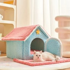 a white cat laying on top of a blue and pink house shaped bed in a child's room