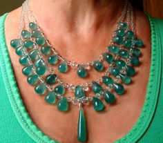 Green Onyx Bib Necklace, Designer Statement 3 Strand Necklace, Elegant Emerald Green Drops and Cryst Diy Collares, Green Onyx Necklace, Beaded Diy, Jewellery Board, Stone Statement Necklace, Statement Collar Necklace, Beaded Necklace Designs, Bib Collar, Statement Bib Necklace