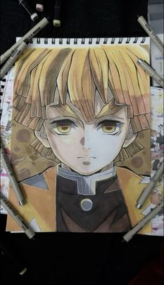 a drawing of an anime character with blonde hair and blue eyes, surrounded by crayons