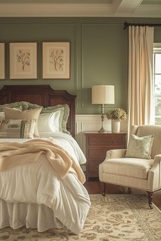 a bedroom with green walls and white bedding