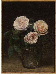 a painting of three white roses in a glass vase