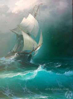 a painting of a sailboat in rough seas