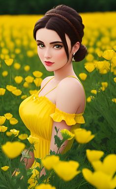 a digital painting of a woman in a field of yellow flowers