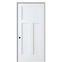 a white door with black knobs on the front and side paneling, against a white background