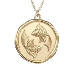 14K Yellow Gold Engravable Pisces Zodiac Medallion Necklace | Jewlr Luxury Etched Amulet Necklaces, Luxury Etched Amulet Style Necklaces, Luxury Spiritual Etched Necklace, Luxury Formal Jewelry With Zodiac Sign, Pisces Jewelry Dish, Luxury Engraved Symbolic Medallion Necklace, Luxury Etched Necklaces, Luxury Mystical Round Pendant Jewelry, Luxury Spiritual Engraved Necklaces