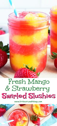 fresh mango and strawberry slushies in jars with strawberries