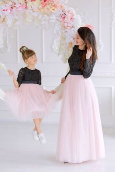 Mother Daughter Matching Dress, Blush Black Dress, Mommy and Me Outfit Mother daughter matching maxi lace tutu dresses in black and blush color. Mommy and Me matching outfits can be ordered in different colors. Mommy`s dress is maxi tutu dress with long sleeves, and daughters dress is floor length tutu with long lace sleeves. Color and fabric: cotton lace and cotton lining, tulle Length of the dresses can be made as you wish. Additional cost may be applied For better fit you can leave in the not Mother Daughter Twinning Dresses Indian, Mom And Daughter Frocks, Mother Daughter Dresses Matching Gown, Mom And Daughter Birthday Dress, Mom Daughter Matching Dresses Indian, Mummy And Daughter Same Dress, Formal Gown Photoshoot, Mother And Daughter Dresses Indian, Mother Daughter Same Dress