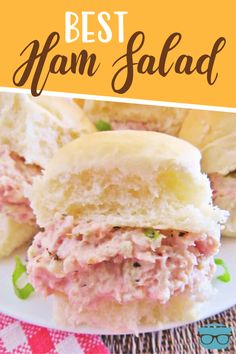 ham salad sandwich on a plate with text overlay