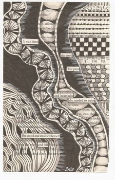 an abstract drawing in black and white with words written on the bottom right side of it