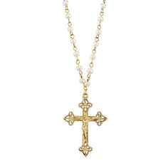 4mm Faux Pearl Chain Crucifix Cross Pendant Necklace 16" + 3" Extender Pearl Chain Gold, 2025 Wishlist, Christian Accessories, Making Outfits, Jewelry Wishlist, Crucifix Necklace, Cross Necklaces, 1928 Jewelry, Gold Cross Necklace