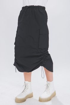 Drawstring cargo midi skirt with pockets. 100% Polyester Cargo Midi Skirt, Midi Skirt With Pockets, Skirt With Pockets, Black Khakis, Skirts With Pockets, Blank Canvas, How To Feel Beautiful, Cotton Silk, Every Woman