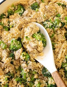 a casserole dish with broccoli and chicken is shown in a skillet