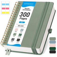 a spiral bound notebook with various colored pages on the front and back cover, in green