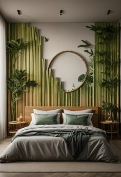 50 Adorable Bedroom Ideas To Inspire Your Dream Space Bamboo Inspired Bedroom, Rattan And Gold Bedroom, Bamboo Room Ideas, Forest Ceiling Bedroom, Tropical Green Bedroom Ideas, Hawaiian Inspired Decor, Palm Tree Theme Bedroom, Bamboo Wall Bedroom, Bedroom Earthy Aesthetic