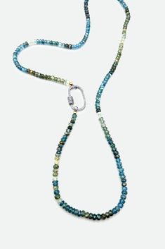 Aquamarine long necklace with a carabiner clasp in sterling silver. Call our Beverly Hills location for product details at (310)405-0633 All Jewelry is final sale Product - HJ-1527 Aquamarine w/ Sterling Diamond Clasp Necklace With Diamond, New Launch, Long Necklace, Beverly Hills, Aquamarine, Style Guides, Product Launch, Sterling Silver, Silver