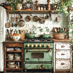 an old fashioned kitchen with pots and pans