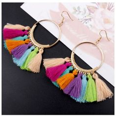 Boho Rainbow Gold Hoop Tassel Earrings Perfect Addition To Any Boho Chic Outfit. Bundle 3 Items And Save On Shipping! Big Dangle Earrings, Piercing Tragus, Bohemian Handmade, Dangle Hoop Earrings, Tassels Fashion, Fashion Creative, Costume Jewelry Earrings, Tassel Drop Earrings, Tassel Jewelry