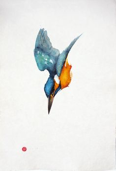 a watercolor painting of a bird flying in the sky