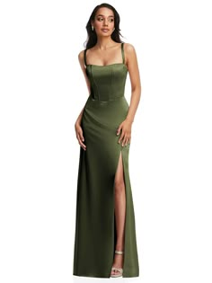 Lace Up Tie-back Corset Maxi Bridesmaid Dress With Front Slit In Olive Green | The Dessy Group Army Green Bridesmaid Dresses, Olive Color Dress, Olive Gown, Olive Green Prom Dress, Green Dress Formal, Olive Green Bridesmaid Dresses, Corset Maxi Dress, Crepe Maxi Dress, Charmeuse Dress