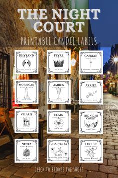 the night court printable candle labels are displayed on a cobblestone street at night