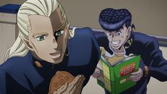 two anime characters are looking at a book and one is holding something in his hand