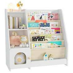 a book shelf with books and toys on it