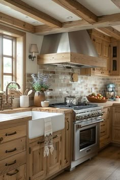 a kitchen with wooden cabinets and an oven