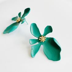 CookiBloom Jewelry Green Exotic Bloom Blue Earrings Green Flower Earrings For Party, Green Flower Earrings For Wedding, Gold Flower Earrings With Handmade Details For Party, Gold Petal Earrings For Party, Green Flower Earrings For Gifts, Green Flower Shaped Earrings For Party, Green Flower Shaped Party Earrings, Green Flower-shaped Party Earrings, Nature-inspired Green Flower Earrings