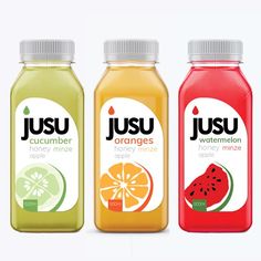 three bottles of juice with different flavors