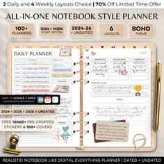 the daily planner is open and ready to be used as a personal organizer for all - in - one notebook style planner