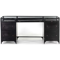 a black desk with two drawers and a mirror top on it's side, against a white background