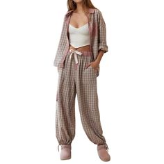 PRICES MAY VARY. Material: Women striped pajamas set made by polyester blend fabric. Soft, breathable, lightweight, skin friendly, stretchy, comfy to wear. Plaid print pajamas set for women, 2 piece sleepwear nightwear, long sleeve button down pjs set. Design: Long sleeve button down shirt, long sleeve top with pants, baggy loose fit, cute plaid pjs, striped pajamas set. Lapel v neck pajamas shirts, turn down collared, stripes print pjs set, relaxed fit blouse, checkered print tops, curved hem, Top In Pizzo, Plaid Shirt Outfits, Stylish Pajamas, Patchwork Shirt, Contemporary Chic, Mode Design, Turndown Collar, Pyjama Set, Womens Casual Outfits