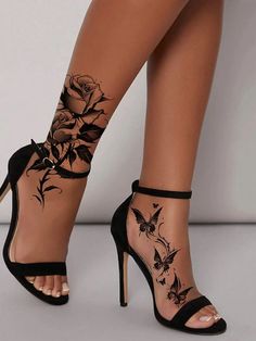 Womens Tattoos Hand, Edgy Leg Tattoos Women, Floral Ankle Cuff Tattoo, Rihanna Foot Tattoo, Flower Feet Tattoos For Women, Women’s Ankle Tattoo Ideas, Feet And Ankle Tattoos, Simple Leg Sleeve Tattoo, Women’s Foot Tattoos