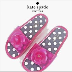 Kate Spade New York Women's Sizes Fashion Slides Bright Pink In Color Polka Dot Cushioned Foot Bed Brand New 100% Authentic Pink Non-slip Sandals For Spring, Kate Spade Trendy Spring Sandals, Trendy Kate Spade Spring Sandals, Trendy Kate Spade Sandals For Spring, Kate Spade Pink Round Toe Sandals, Kate Spade Synthetic Sandals For Spring, Kate Spade Pink Open Toe Sandals, Kate Spade Black Sandals For Spring, Fashion Slides