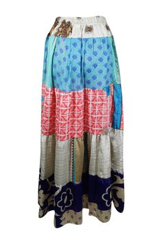 Elevate your wardrobe with a splash of seasonal charm in this stunning flared maxi skirt! Crafted from upcycled saree fabric in vibrant hues of Blue, Pink, and floral patterns, this skirt is a true standout. The comfortable drawstring waist and ankle-length design create a flattering silhouette, perfect for anything from wandering through farmer's markets to dancing at beachside festivals. Handmade with sustainability in mind, this boho-chic skirt lets you embrace your bold style while supportin Boho Chic Skirts, Maxi Skirt Blue, Flare Maxi Skirt, Pink Patchwork, Chic Skirt, Long Maxi Skirt, Hues Of Blue, Boho Pants, Long Maxi Skirts