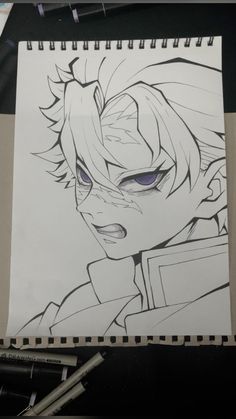 a drawing of an anime character with purple eyes