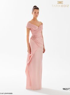 Off Shouldered Draped Dress with Rose Detail. Pink Mother Of The Bride, Wedding Dress Pink, Tarik Ediz Dresses, Wedding Dresses Pink, Mother Of Groom Dress, Alt Wedding, Mother Of The Groom Dress, Off Shoulder Evening Dress, Mother Of The Bride Dresses Long