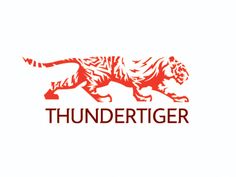 a red and white logo with a tiger on it's side, that says thunder tiger