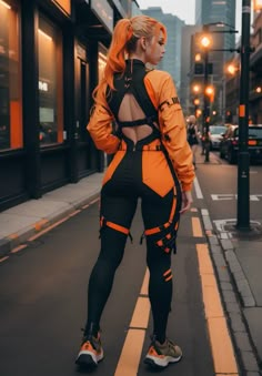 Cyberpunk Fancy Girly Techwear Outfit Cyberpunk Oc Outfit, Cozy Pose Reference, Casual Techwear Women, Woman Motorcycle Outfit, Futurecore Outfits, Cute Techwear, Orange Techwear, Cyberpunk Inspired Outfit