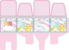 a pink box with teddy bears and rainbows on the side, in front of it