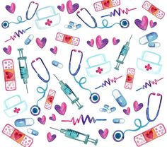 watercolor pattern with medical equipment and hearts