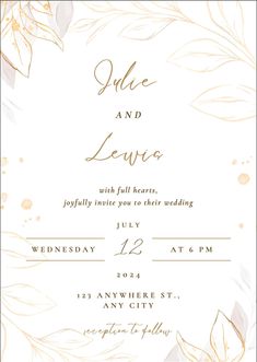 an elegant wedding card with gold leaves