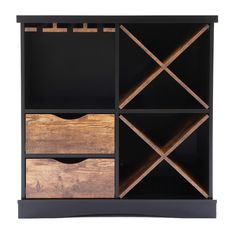 an open bookcase with three drawers and two wooden handles on the front, one is black